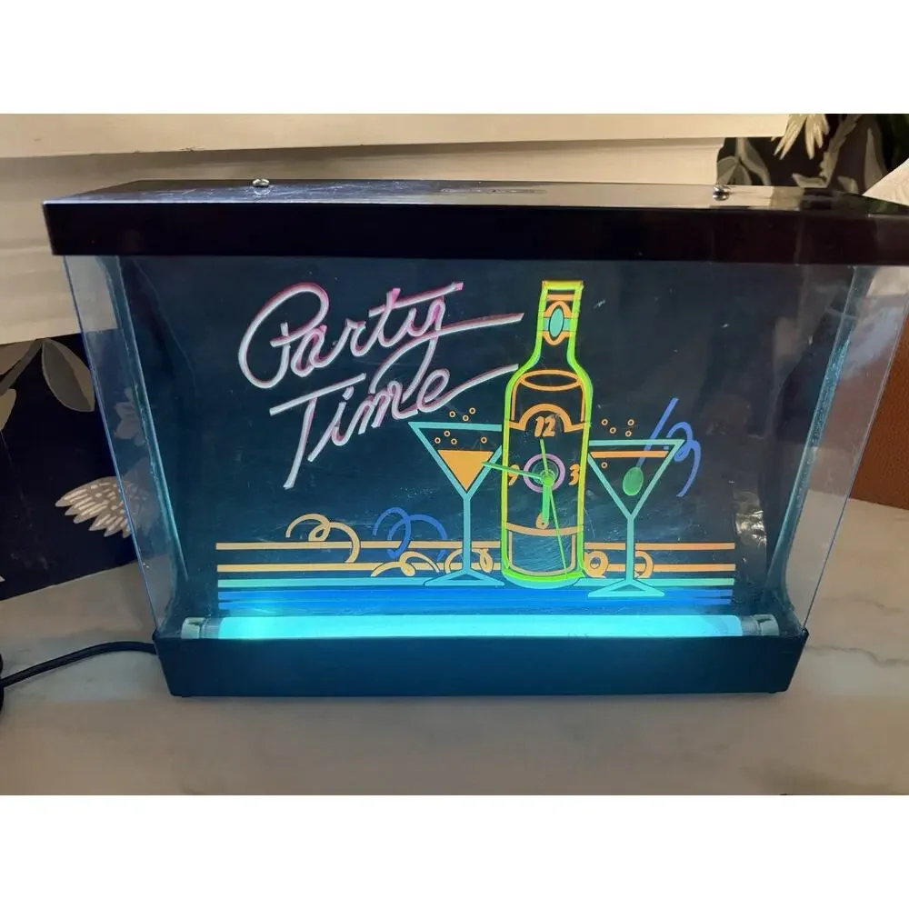 1980’s Neon Clock Party Time Black Light Works Clock Does Not Work